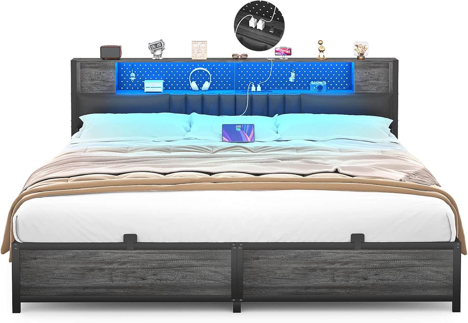 Aheaplus - Modern Bed Frame: Power Outlet & LED Lights, Headboard Storage, Quiet Support - Black Oak