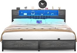 Aheaplus - Modern Bed Frame: Power Outlet & LED Lights, Headboard Storage, Quiet Support - Black Oak