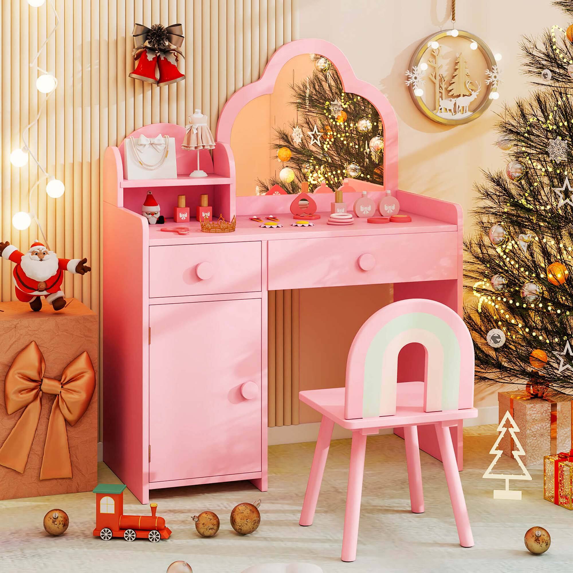 Alt View 1. Costway - Costway Kids Vanity Table and Chair Set with Cloud-shaped Mirror Open Shelf Storage Drawers - Pink.