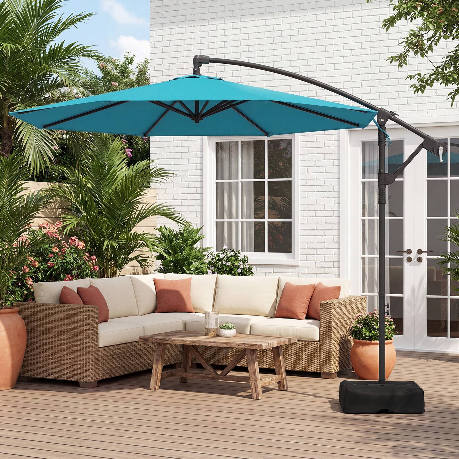 Alt View 3. Costway - Costway 10 FT Offset Hanging Umbrella with Base Patio Cantilever Umbrella 360° Rotation - Turquoise.