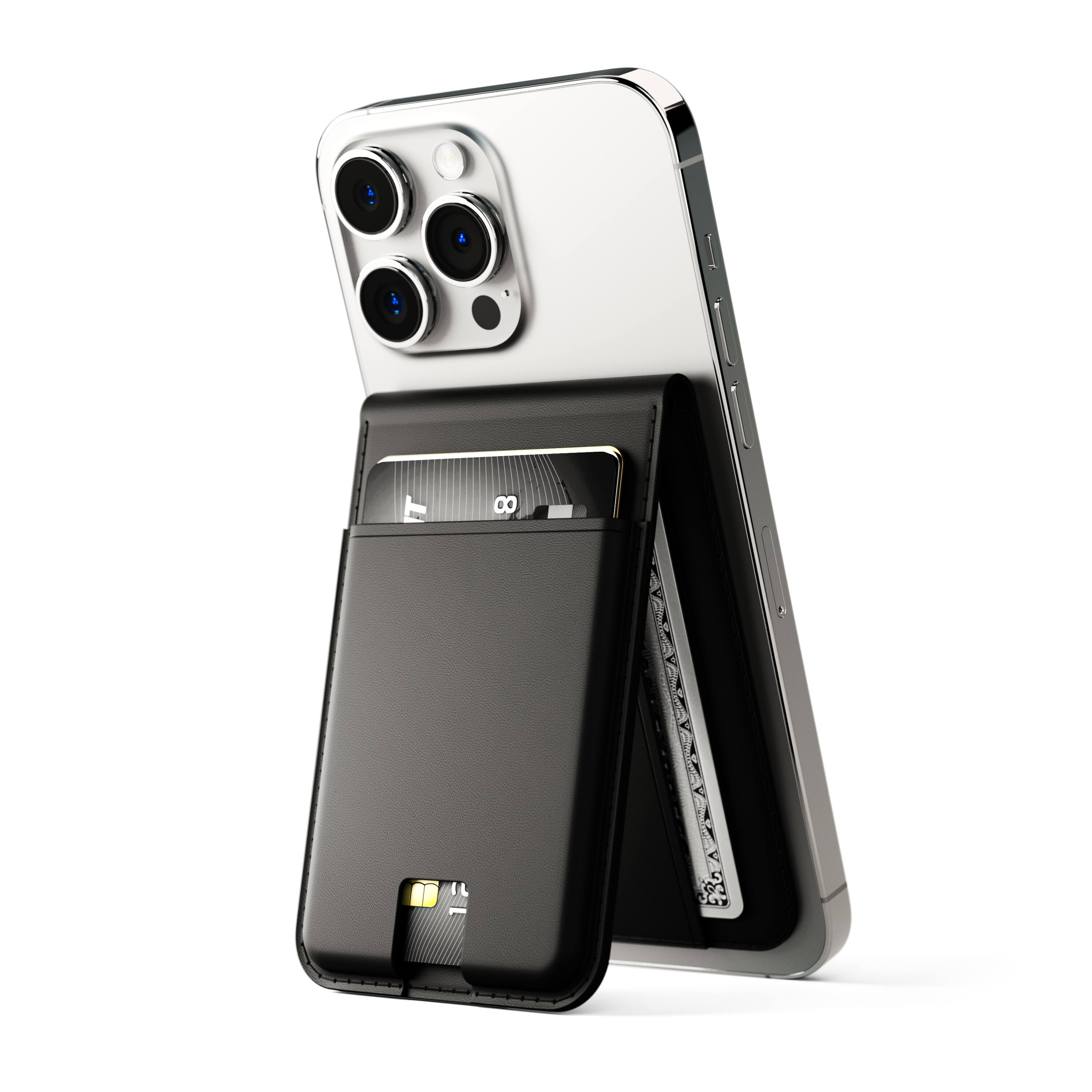 Front. JOURNEY - EZMO MagSafe Wallet & Phone Stand - Black.