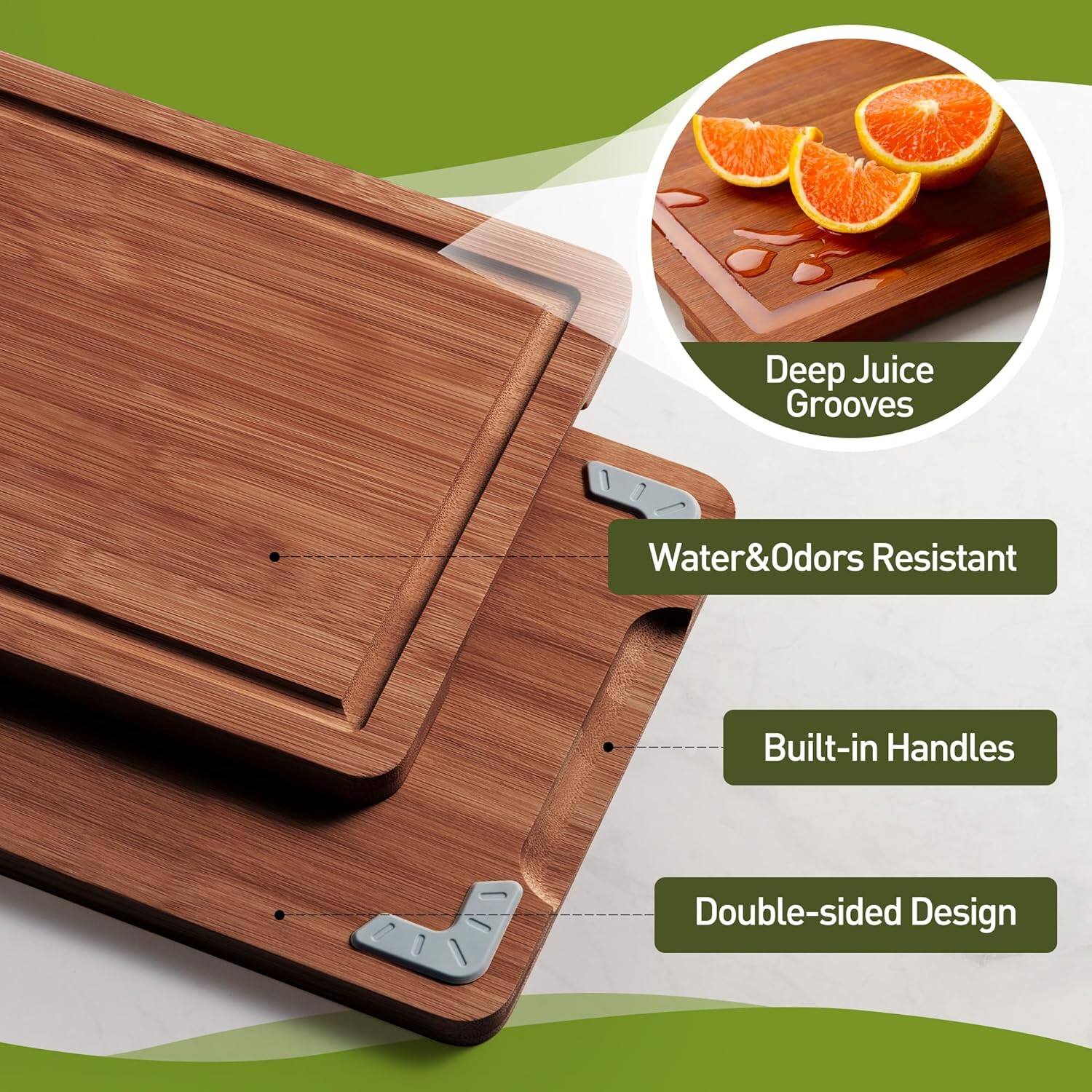 - Deep Juice Grooves
- Water & Odors Resistant
- Built-in Handles
- Double-sided Design