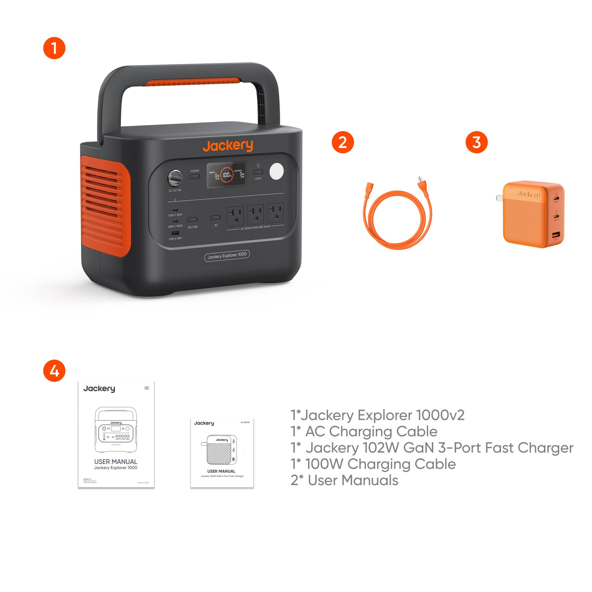 1 Jackery Explorer 1000v2  
1 AC Charging Cable  
1 Jackery 102W GaN 3-Port Fast Charger  
1 100W Charging Cable  
2 User Manuals