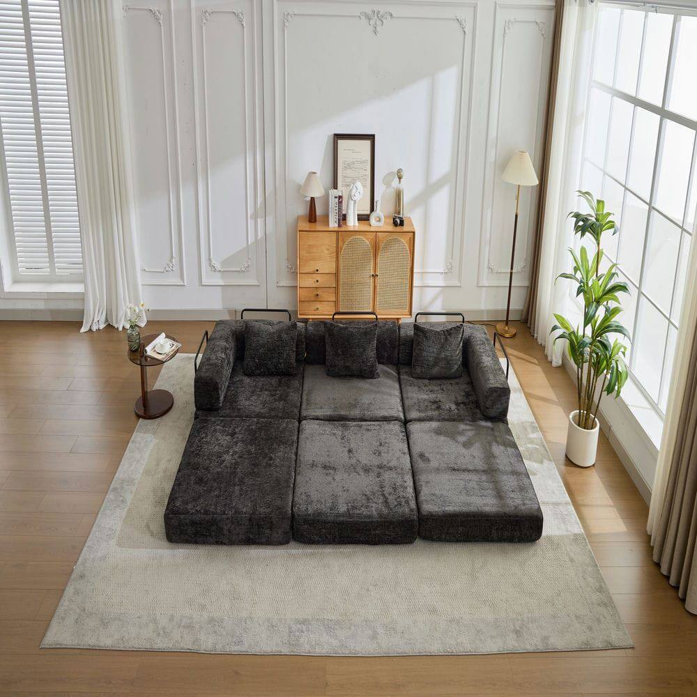 Left. Kadyn - Convertible Floor Sofa Bed, Boneless Chenille Sectional with Fixed Support Frame - No Assembly Required, Black - Black.