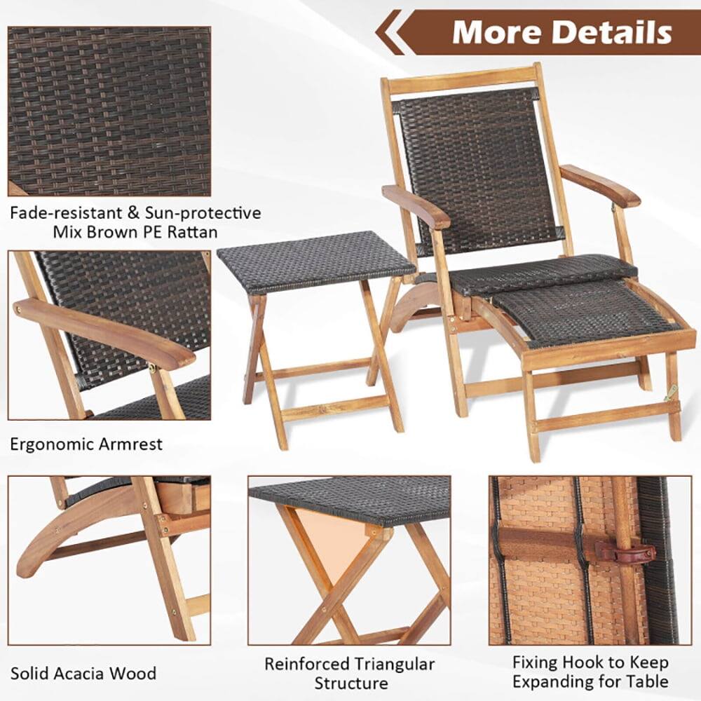 More Details

- Fade-resistant & Sun-protective Mix Brown PE Rattan
- Ergonomic Armrest
- Solid Acacia Wood
- Reinforced Triangular Structure
- Fixing Hook to Keep Expanding for Table