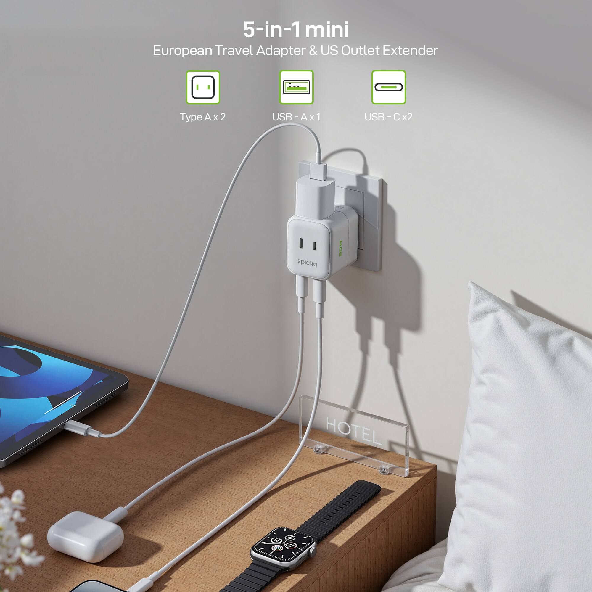 5-in-1 mini  
European Travel Adapter & US Outlet Extender  
Type A x2  
USB-A x1  
USB-C x2