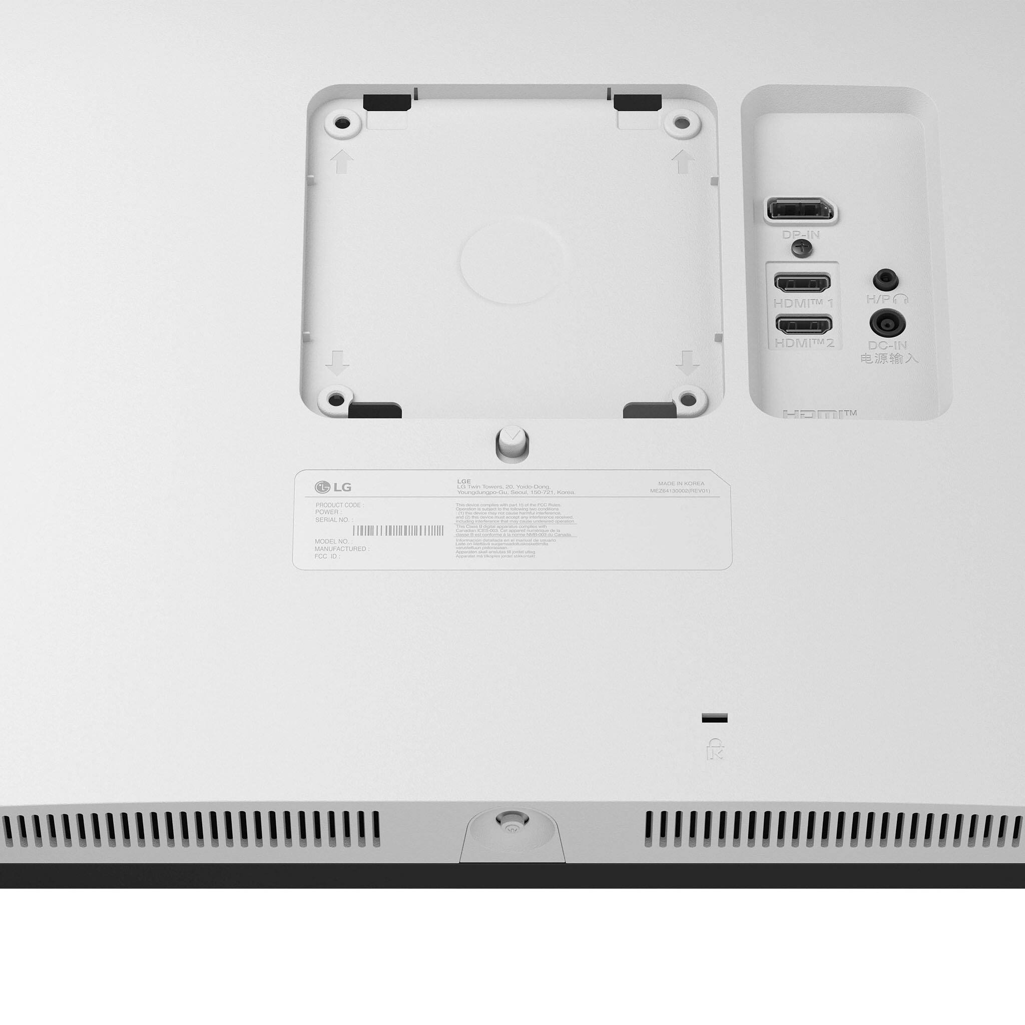 DP-IN  
HDMI1  
HDMI2  
DC-IN  

LG  
PRODUCT CODE  
SERIAL NO  
MODEL NO  
MANUFACTURED  
IN  
KOREA  

HDMI1  
HDMI2  
DC-IN  
电源输入