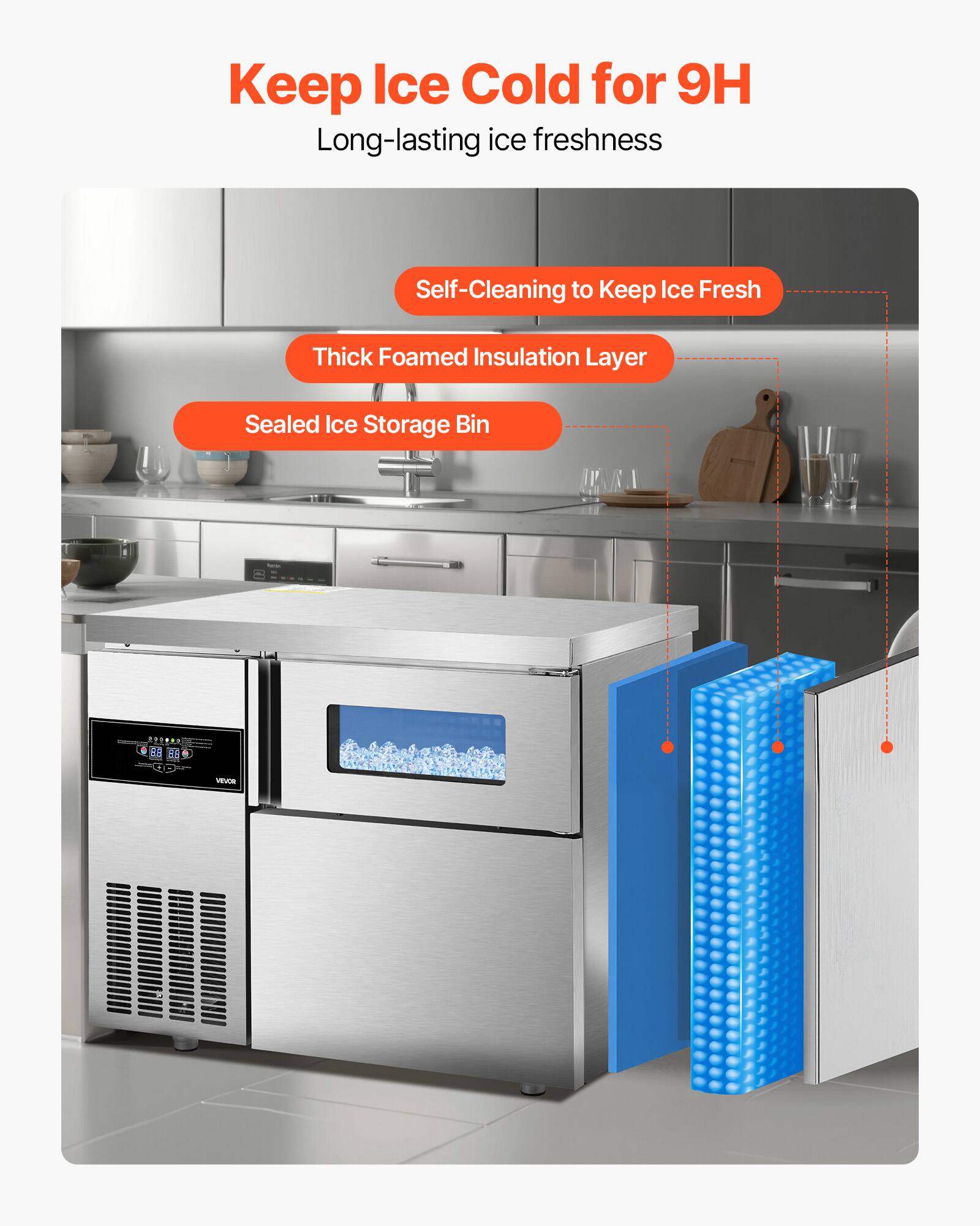 Keep Ice Cold for 9H  
Long-lasting ice freshness  

- Self-Cleaning to Keep Ice Fresh  
- Thick Foamed Insulation Layer  
- Sealed Ice Storage Bin