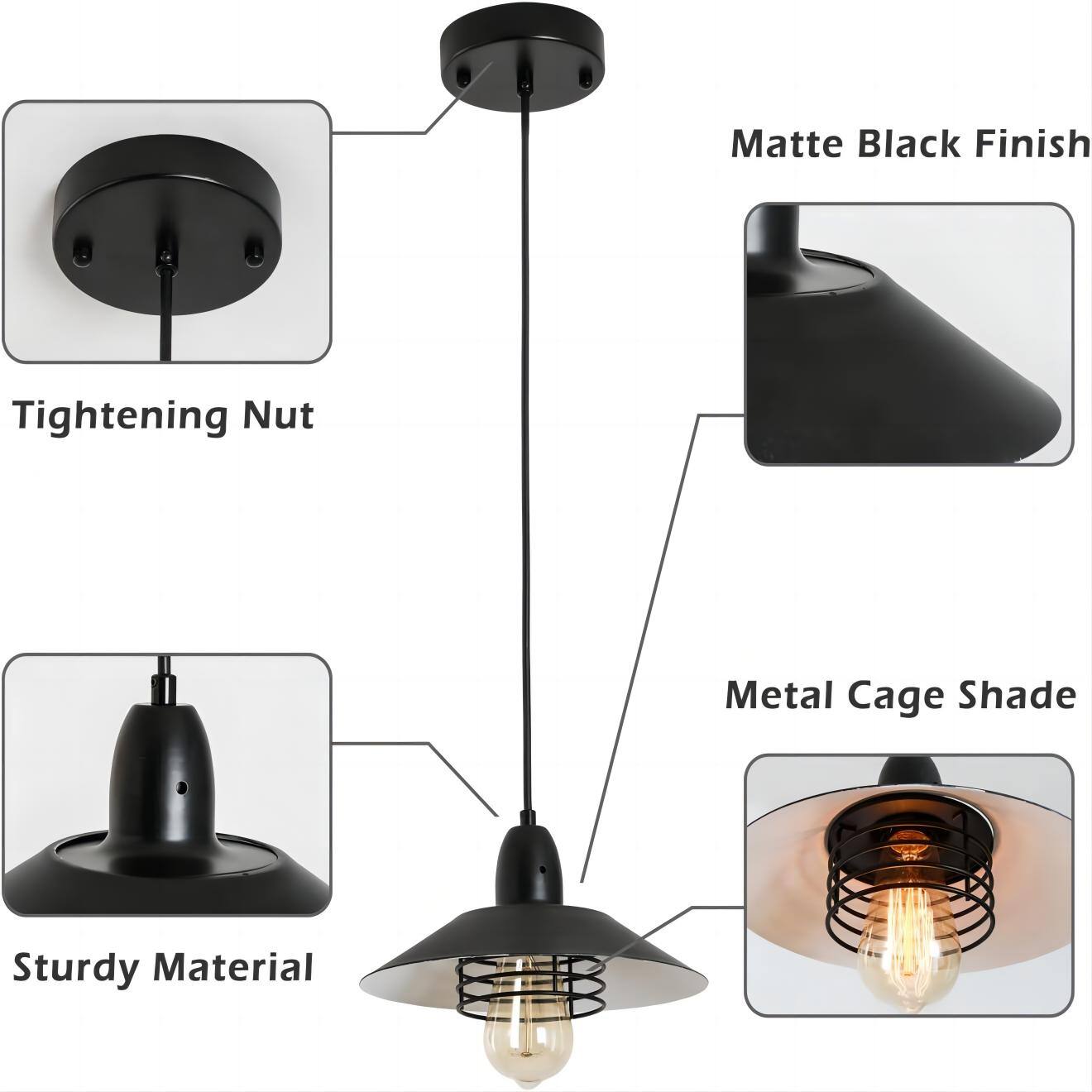 - Matte Black Finish
- Tightening Nut
- Metal Cage Shade
- Sturdy Material