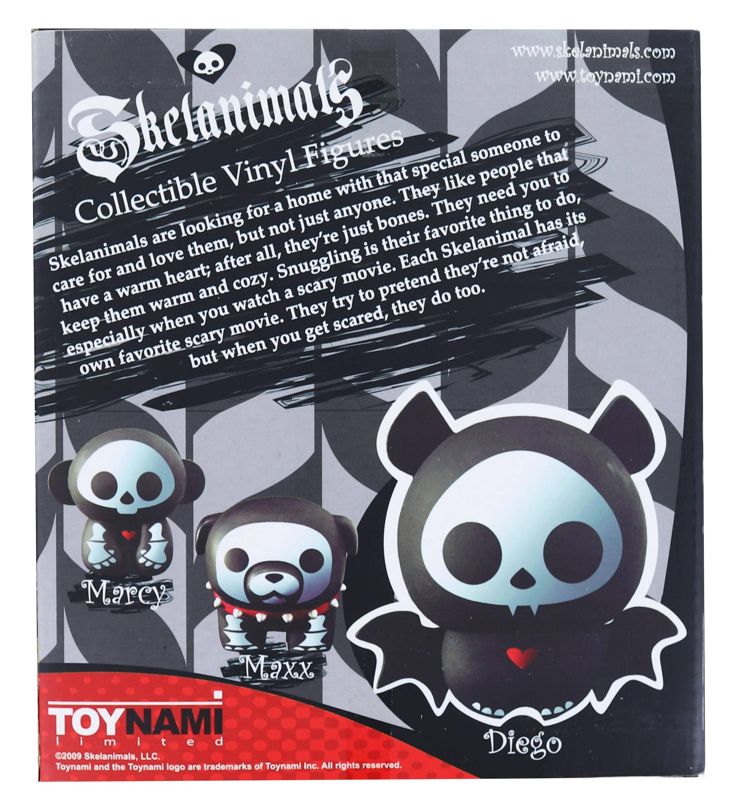 www.skelanimals.com  
www.toynami.com  

Skelanimals Vinyl Figures  

Skelanimals are looking for a home with that special someone. They like people that care for and love them, but not just anyone. They need you to have a warm heart; after all, they're just their favorite thing to do, keep them warm and cozy. Snuggling is their favorite thing to do, especially when you watch a scary movie. They try to pretend they're not afraid, but when you get scared, they do too.  

Marcy  
Maxx  
Diego  

TOYNAMI  
©2009 Skelanimals, LLC. Toynami and the Toynami logo are trademarks of Toynami Inc. All rights reserved.