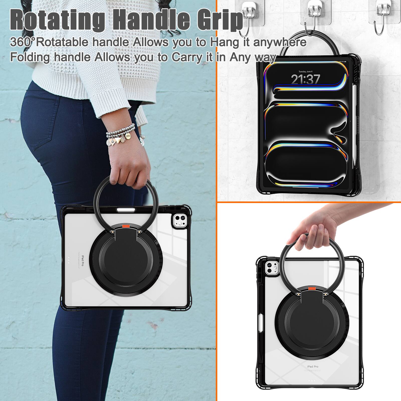 Rotating Handle Grip  
360° Rotatable handle Allows you to Hang it anywhere  
Folding handle Allows you to Carry it in Any way