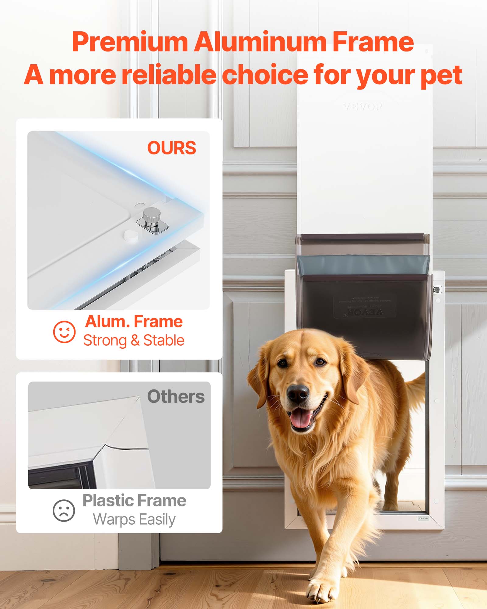 Premium Aluminum Frame  
A more reliable choice for your pet  

OURS  
Alum. Frame  
Strong & Stable  

Others  
Plastic Frame  
Warps Easily