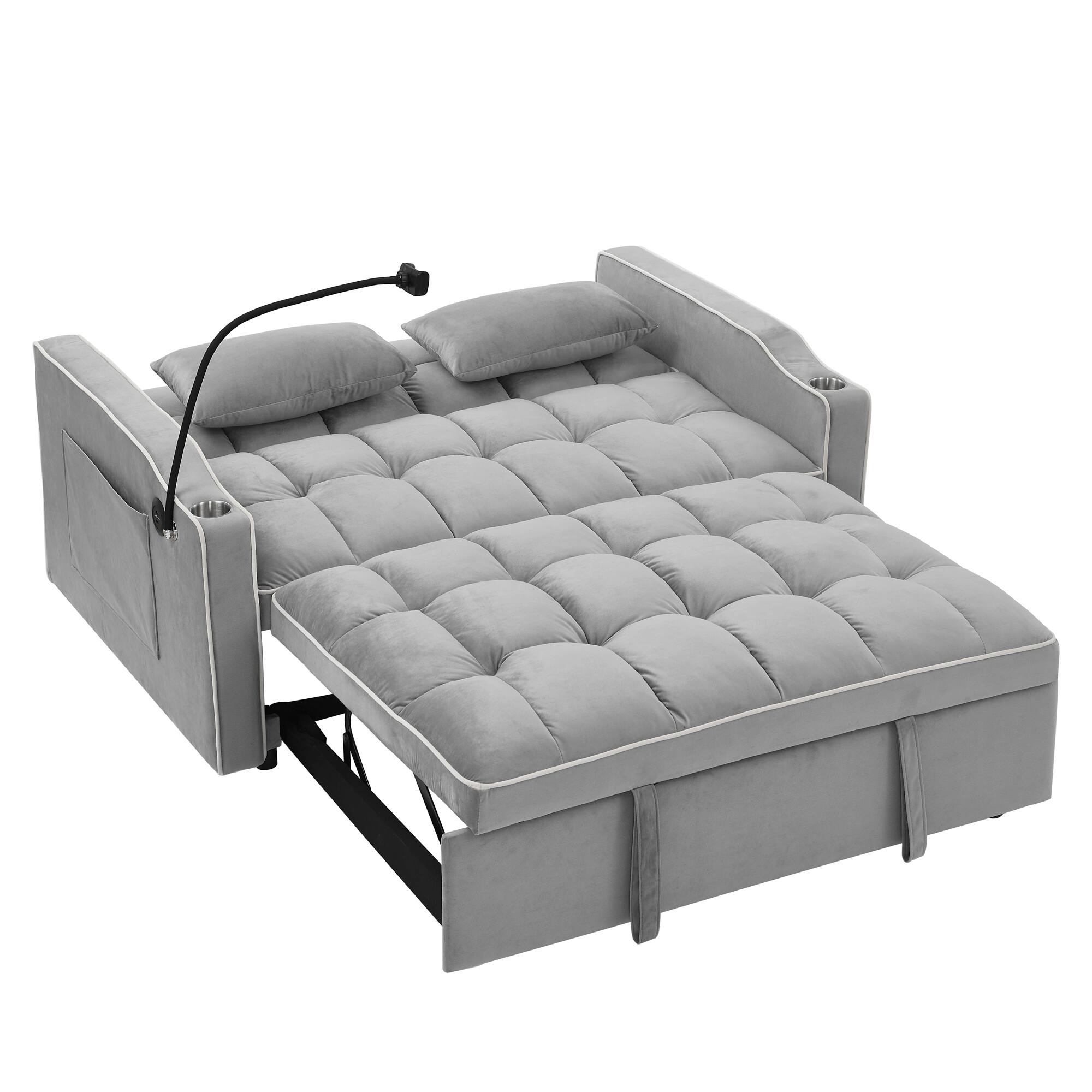 Alt View 7. Tiramisubest - Modern Velvet Versatile Foldable Sofa Bed in 3 Lengths,Adjustable Back w/ USB Port,Ashtray & Swivel Phone Stand (Grey) - Grey.