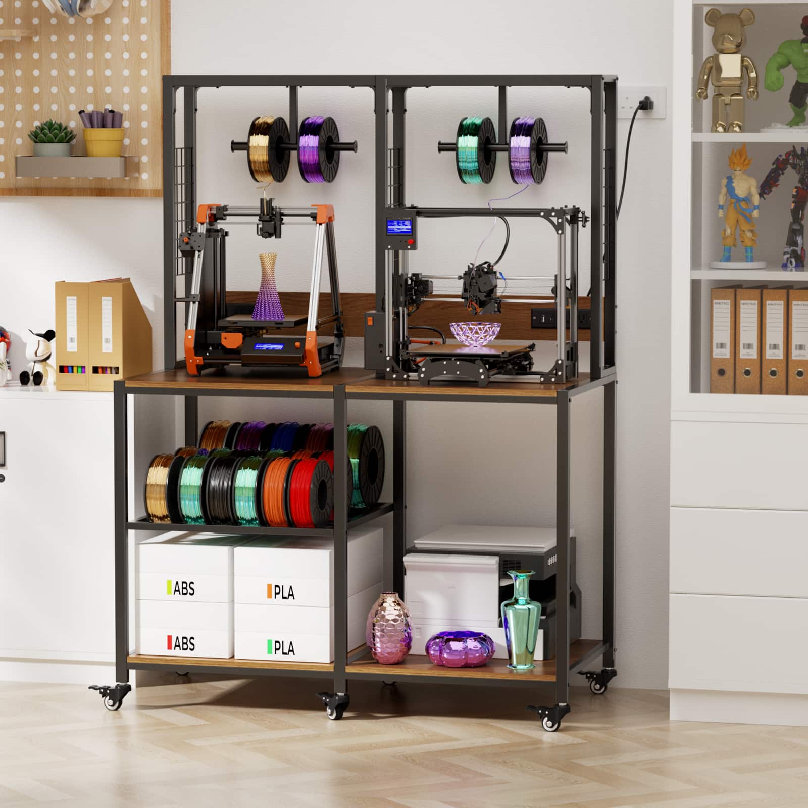 Chateau Abodes - Double 3D Printer Stand with Filament Storage, Heavy-Duty Metal Frame, T-Type Holder & Lockable Wheels - Black