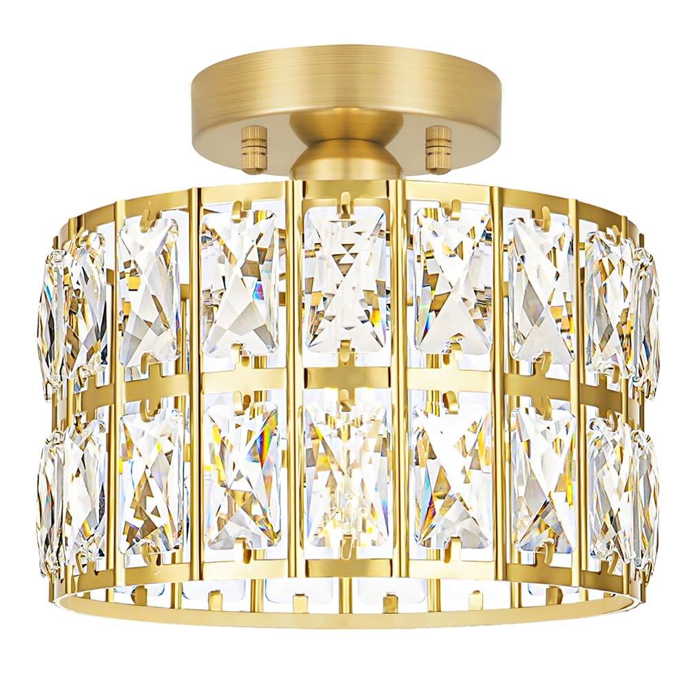 Front. Earthley Blooms - Crystal Ceiling Light Fixture Modern Semi Flush Mount Chandelier Lighting For Hallway Kitchen Foyer Daz - Gold 9in B.