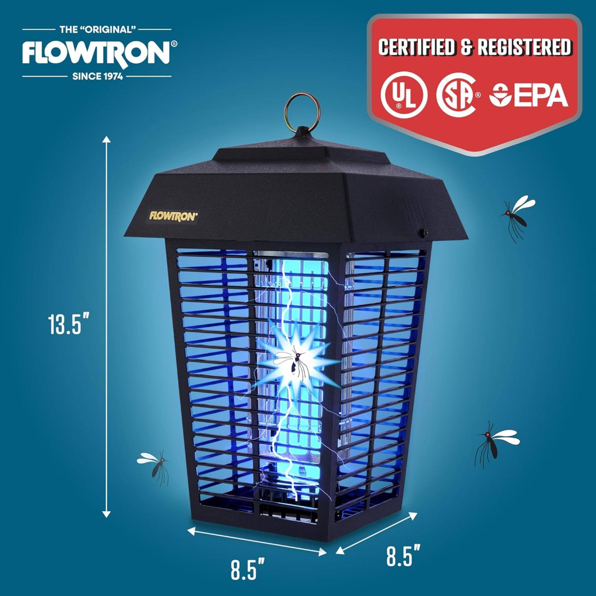 THE "ORIGINAL" FLOWTRON SINCE 1974 CERTIFIED & REGISTERED UL SA EPA FLOWTRON 13.5" 8.5" 8.5"