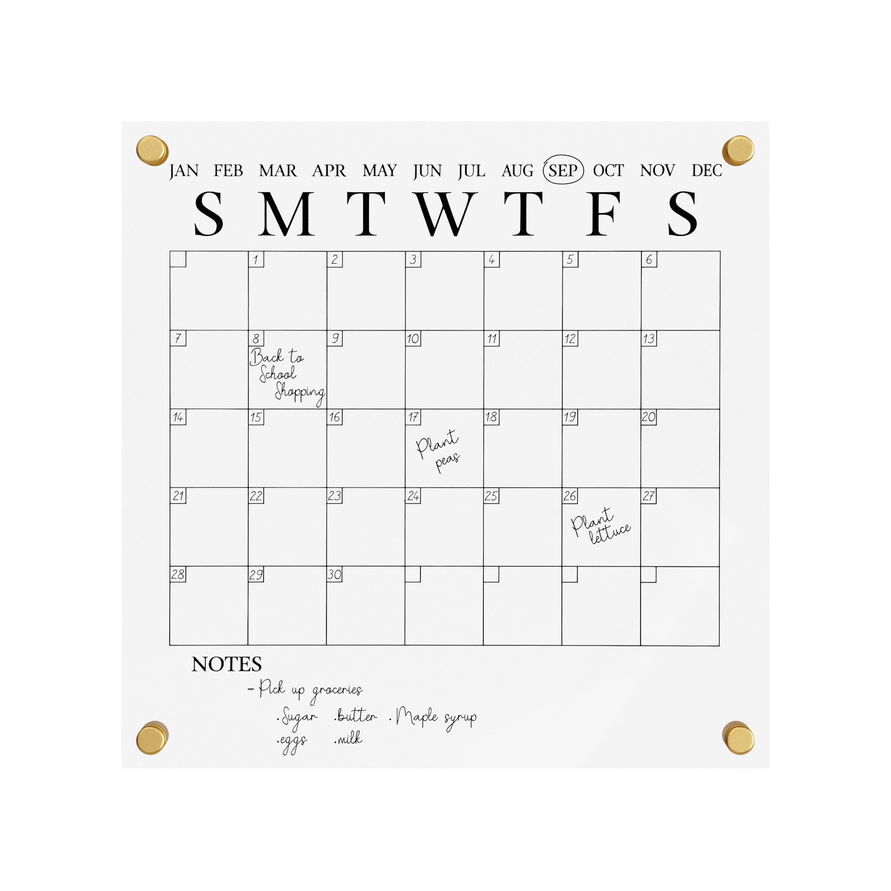 The text on the image is grouped and corrected as follows:

JAN FEB MAR APR MAY JUN JUL AUG SEP OCT NOV DEC SMTWTFS

1 2 3 4 5 6 7 14 21 28 8 9

Back to School chapping 15 16 21 22 23 24 25 26 27 28 29 30

10 11 12 13 14 15 16 17 18 19 20 21 22 23 24 25 26 27 28 29 30

Plant peas Plant lettuce

NOTES:

- Pid grapes
- Sugar
- Butter
- Maple syrup
- Milk
- Eggs