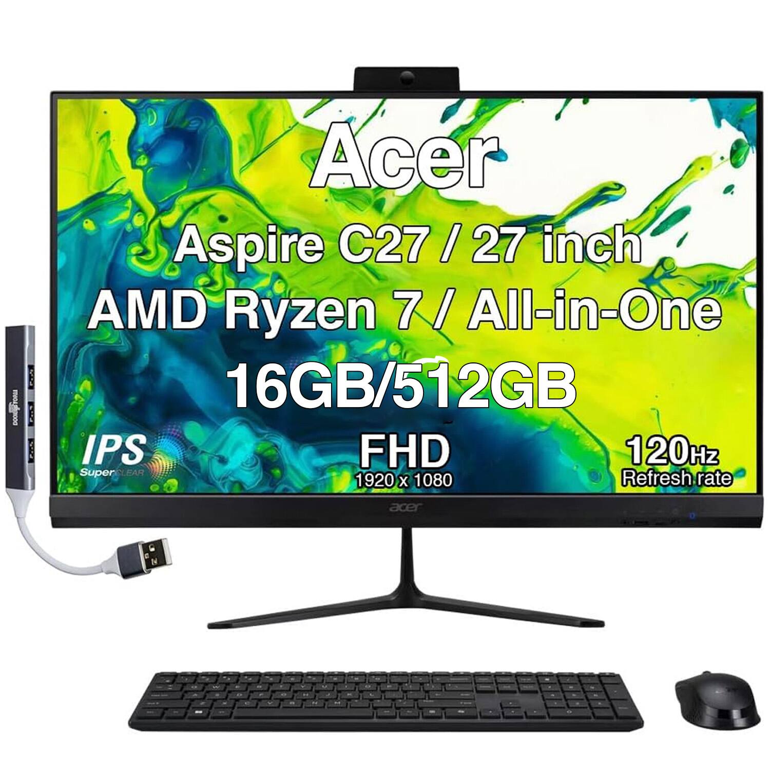 Acer - Upgraded - Aspire C27 All-in-One 27 FHD Display (Ryzen 7 5825U, 16GB, 512GB SSD, AMD Radeon, WiFi 6E, Win 11 Pro) w/USB Hub