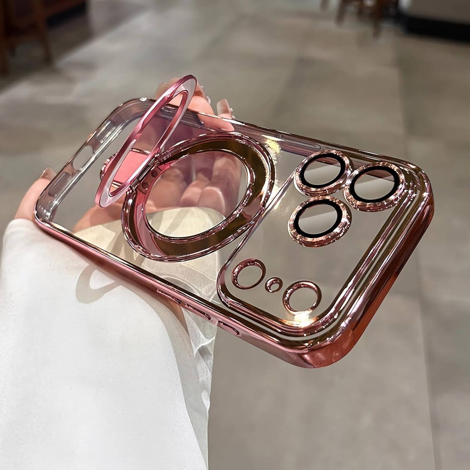 Back. UUCOVER - Magnetic Case for Apple iPhone 18 Pro,Shockproof TPU+PC Clear Case Ring Stand Compatible with MagSafe Camera Lens Cover - Rosegold.