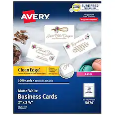 SURE FEED TECHNOLOGY NSGRS a RELIABLI .E. AVERY free avy-co-Use Avery avery.com/templates Ce Saper Cake Designs Cubs Fwe Goodies Tngredients Thank You S M Premium Clean Edge candutock heavyweight Patented technology for clean, smooth edges Laser 1000 cards 9115 cover. 247 g/m2 Matte White Business Cards 2" x 3 1/2" 10 cards per sheet Use Avery 5874