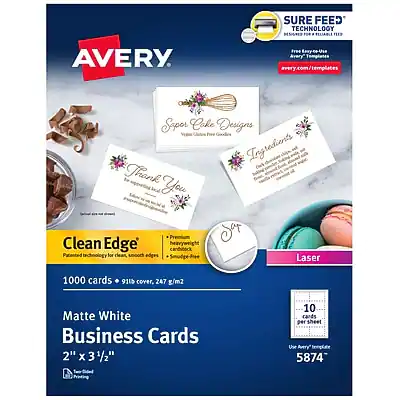 Sure Feed Technology
Avery
www.avery.com/templates
Clean Edge
Patented technology for clean, smooth edges
Laser
1000 cards
9115 cover
247 g/m2
Matte White Business Cards
2" x 3 1/2"
10 cards per sheet
Use Avery 5874
Sweet Cake Designs
Fresh Goodies
Tangy Treats
Thank You