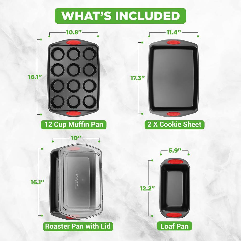 WHAT'S INCLUDED

- 12 Cup Muffin Pan
  - 10.8" x 16.1"

- 2 X Cookie Sheet
  - 11.4" x 17.3"

- Roaster Pan with Lid
  - 10" x 16.1"

- Loaf Pan
  - 5.9" x 12.2"