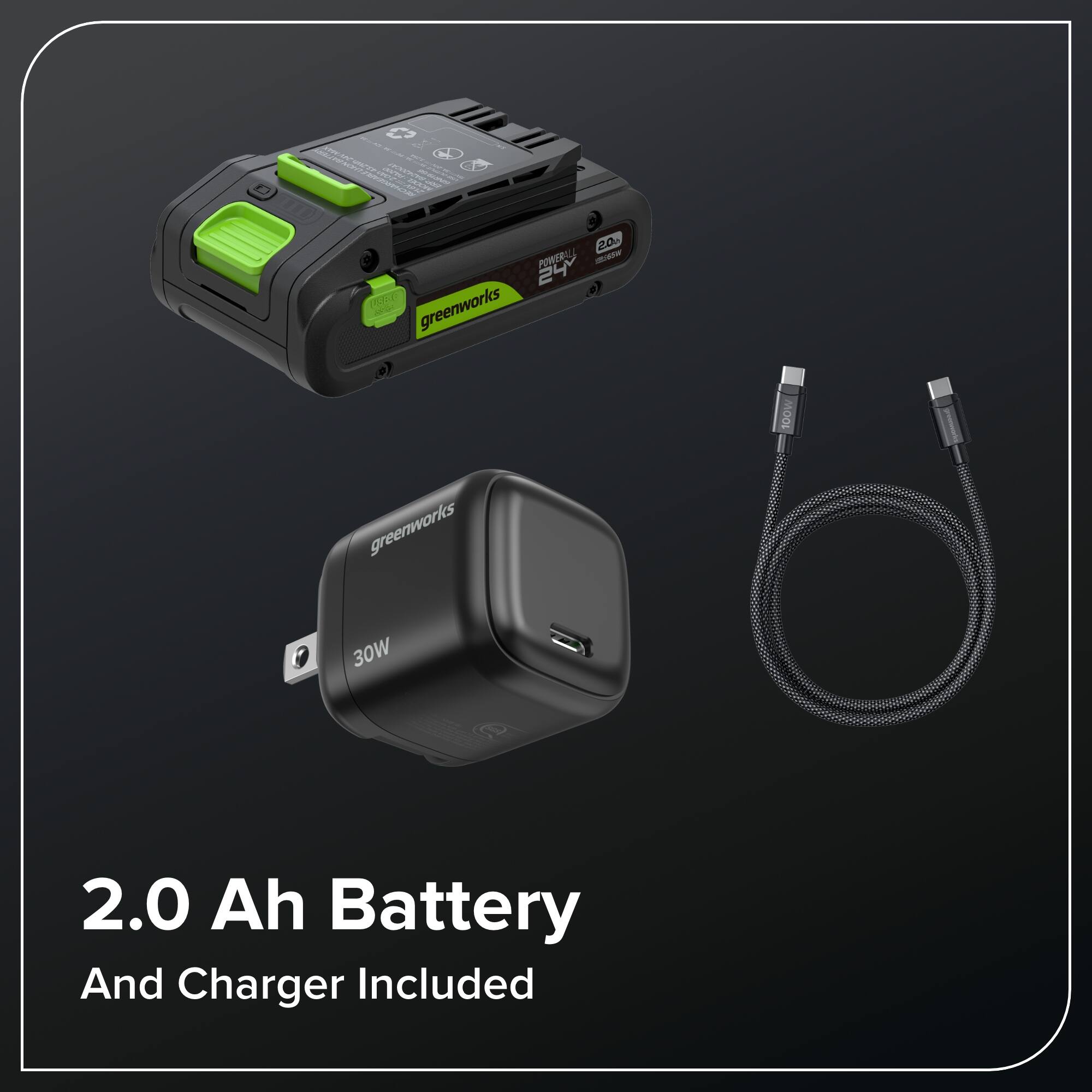 A 20m POWERALA ms 24 greenworks 100W greenworks 30W 2.0 Ah Battery And Charger Included