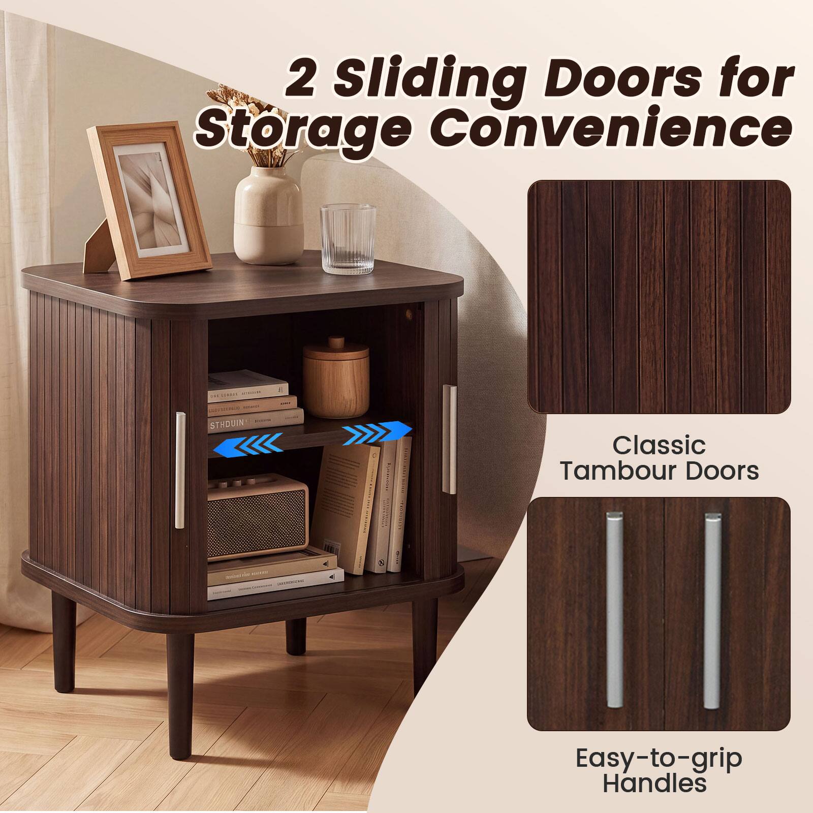 2 Sliding Doors for Storage Convenience

CONDAI 2018 :00
$0,0000 STHDUIN'

Classic Tambour Doors

LEXARIONAL
Easy-to-grip Handles
