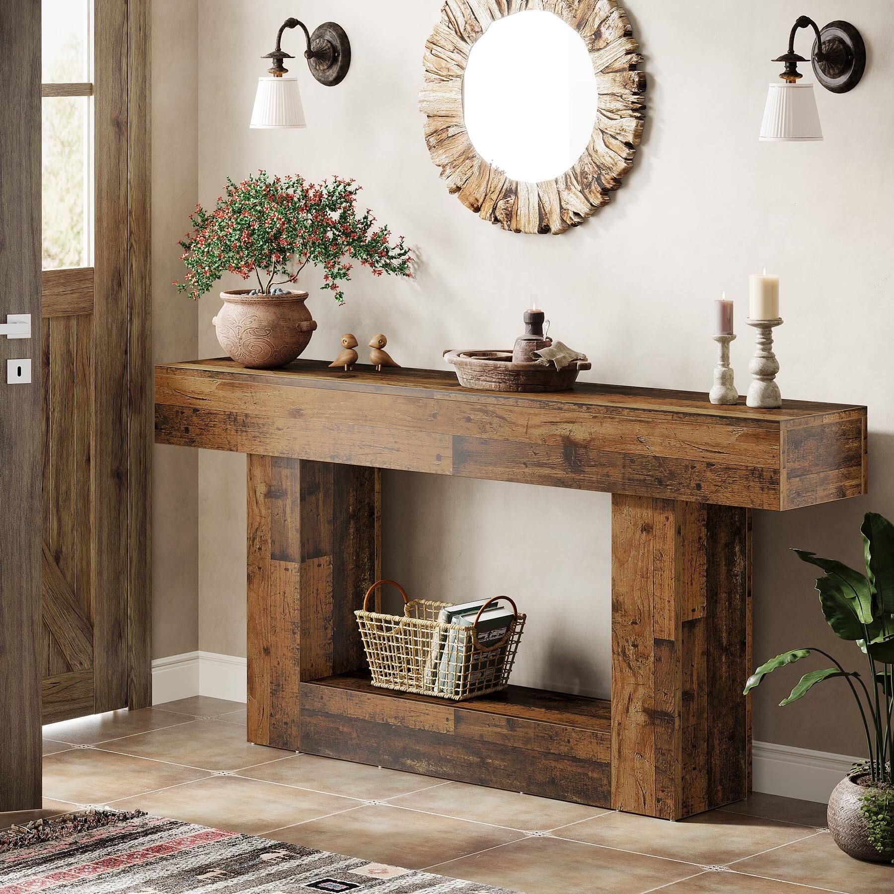 Back. Tribesigns - 63" Console Table, Farmhouse 2-Tier Entryway Table with U-Shaped Base, Narrow Long Wood Sofa Table Behind Couch Table fo - Mix Brown.