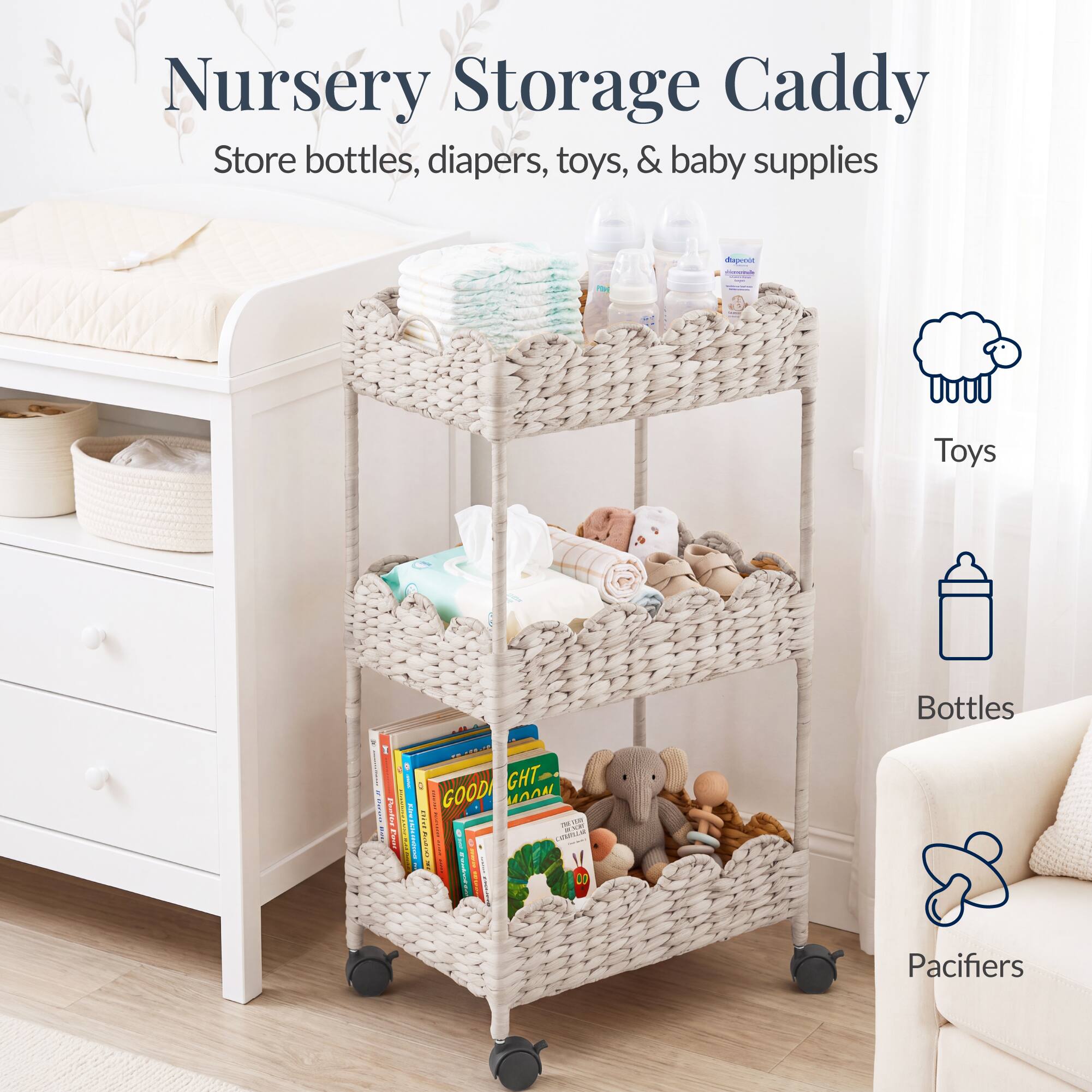 Nursery Storage Caddy  
Store bottles, diapers, toys, & baby supplies  

Toys  
Bottles  
Pacifiers