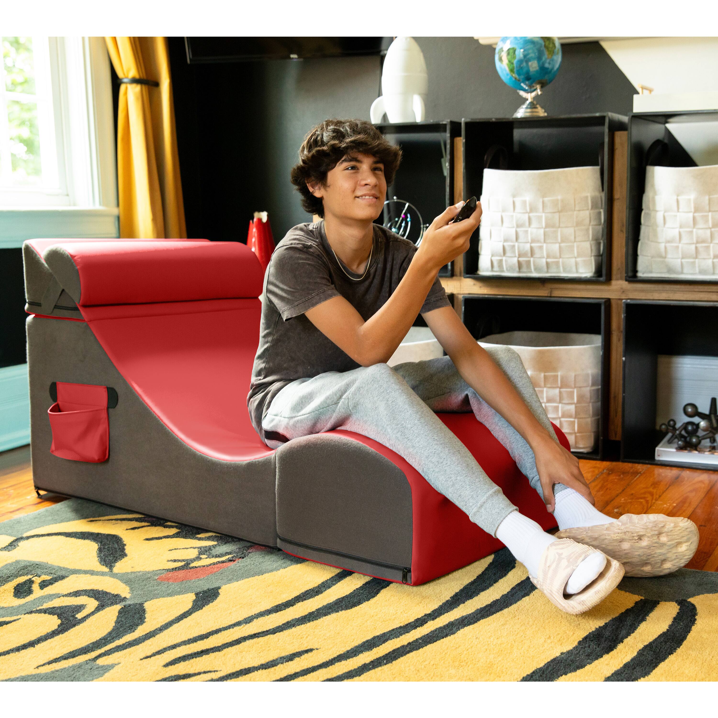 Left. Jaxx - Jaxx Flexx V-Tex Convertible 3 in 1 Gamer Chair, Table, & Ottoman w/ Adjustable Headrest & Pocket - Vinyl Red - Red.