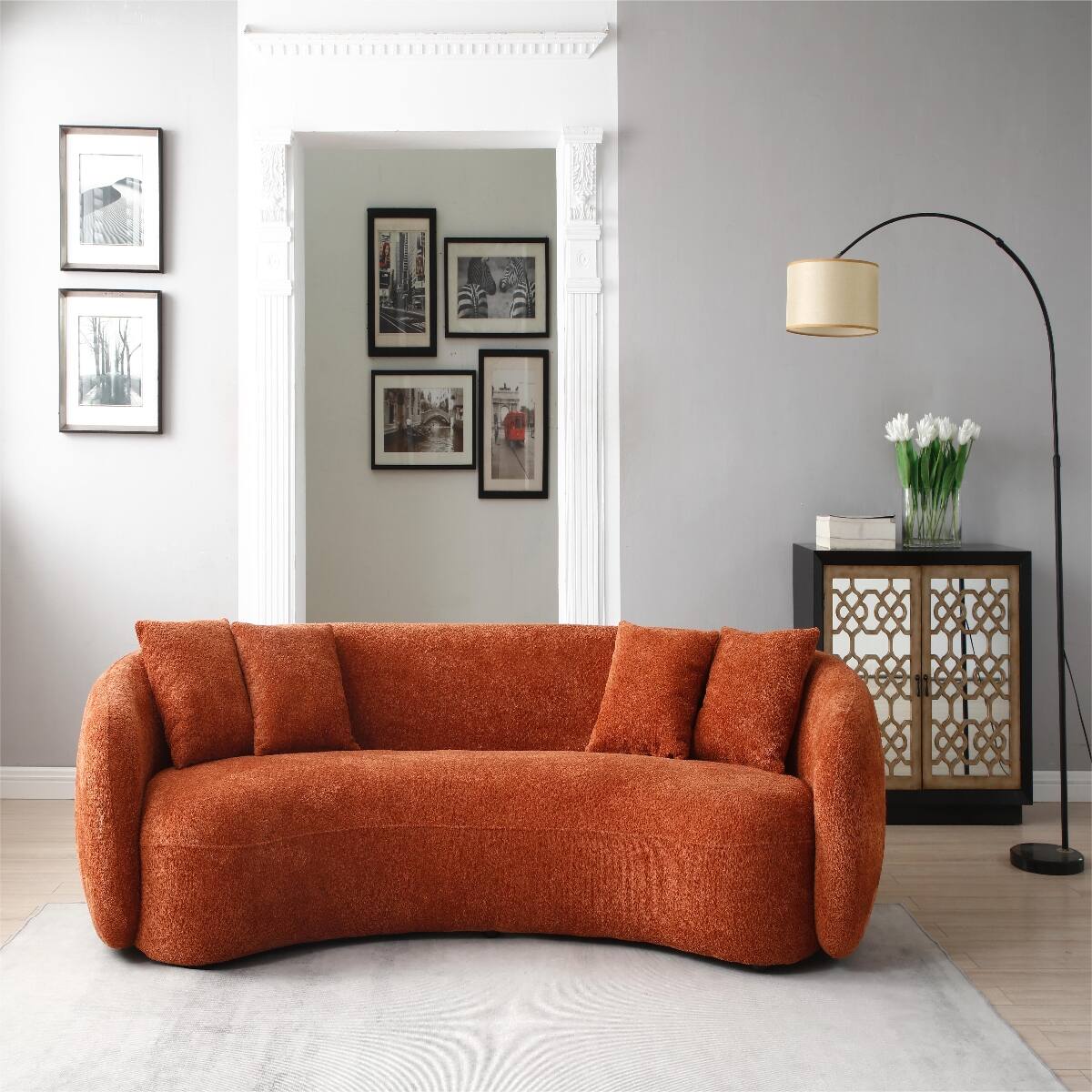 Back. Ropilly - Ropilly Curved Boucle Sofa, Half Moon Sectional 5 Seater Couch in Orange with 4 Throw Pillows - Orange.