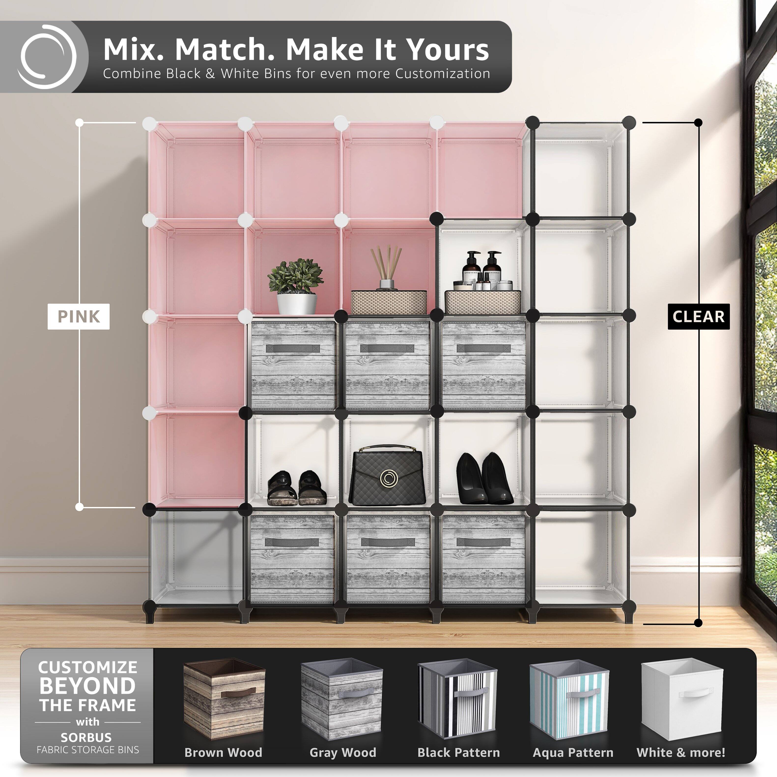 Mix. Match. Make It Yours  
Combine Black & White Bins for even more Customization  

PINK CLEAR  

CUSTOMIZE BEYOND THE FRAME with SORBUS FABRIC STORAGE BINS  
Brown Wood  
Gray Wood  
Black Pattern  
Aqua Pattern  
White & more!