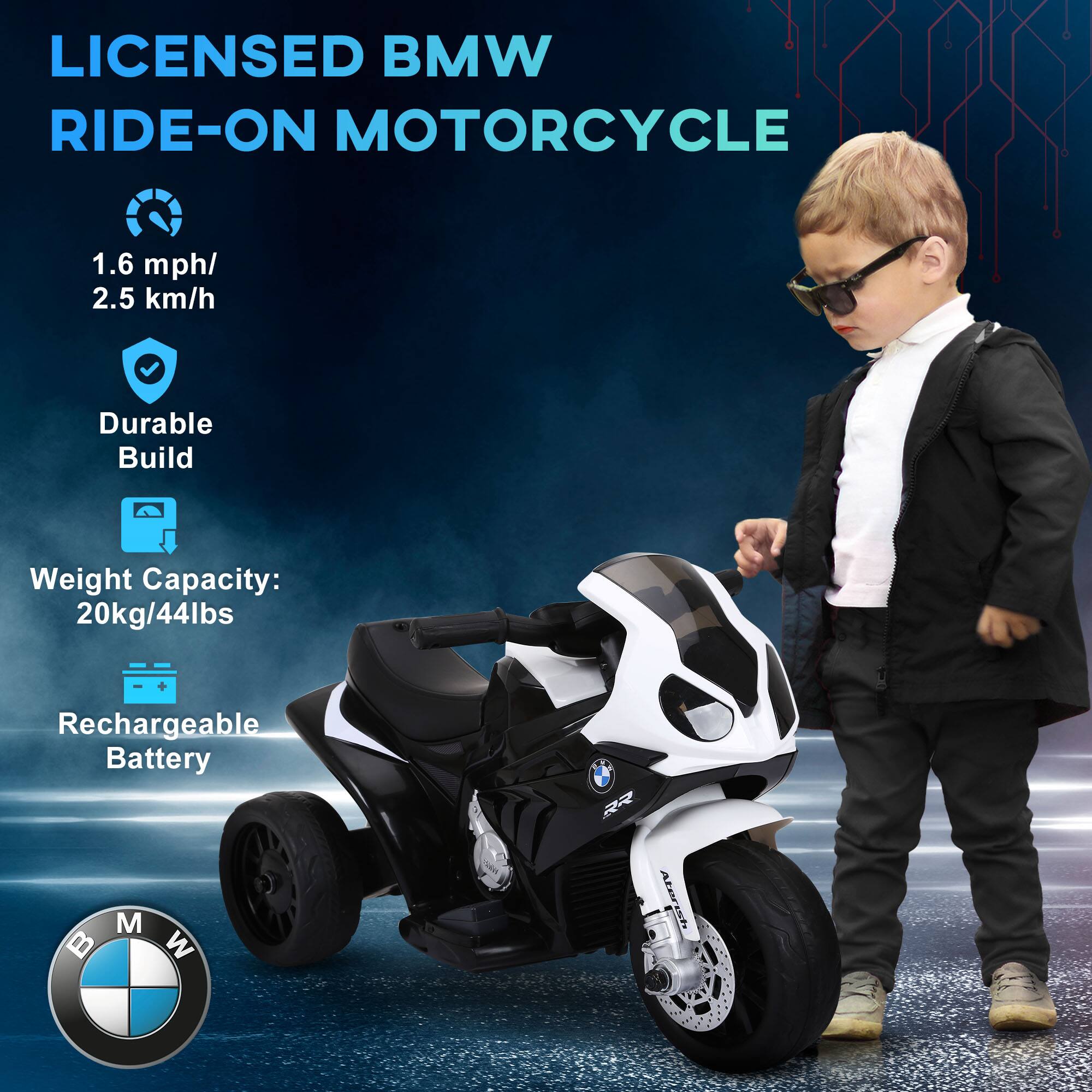 LICENSED BMW RIDE-ON MOTORCYCLE

- 1.6 mph/ 2.5 km/h
- Durable Build
- Weight Capacity: 20kg/44lbs
- Rechargeable Battery