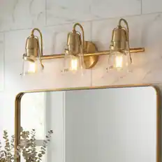 Front. Parrot Uncle - 24" Modern Gold 3-Light Bathroom Vanity Sonces Wall Light with Seeded Glass Shades - Gold, Clear.