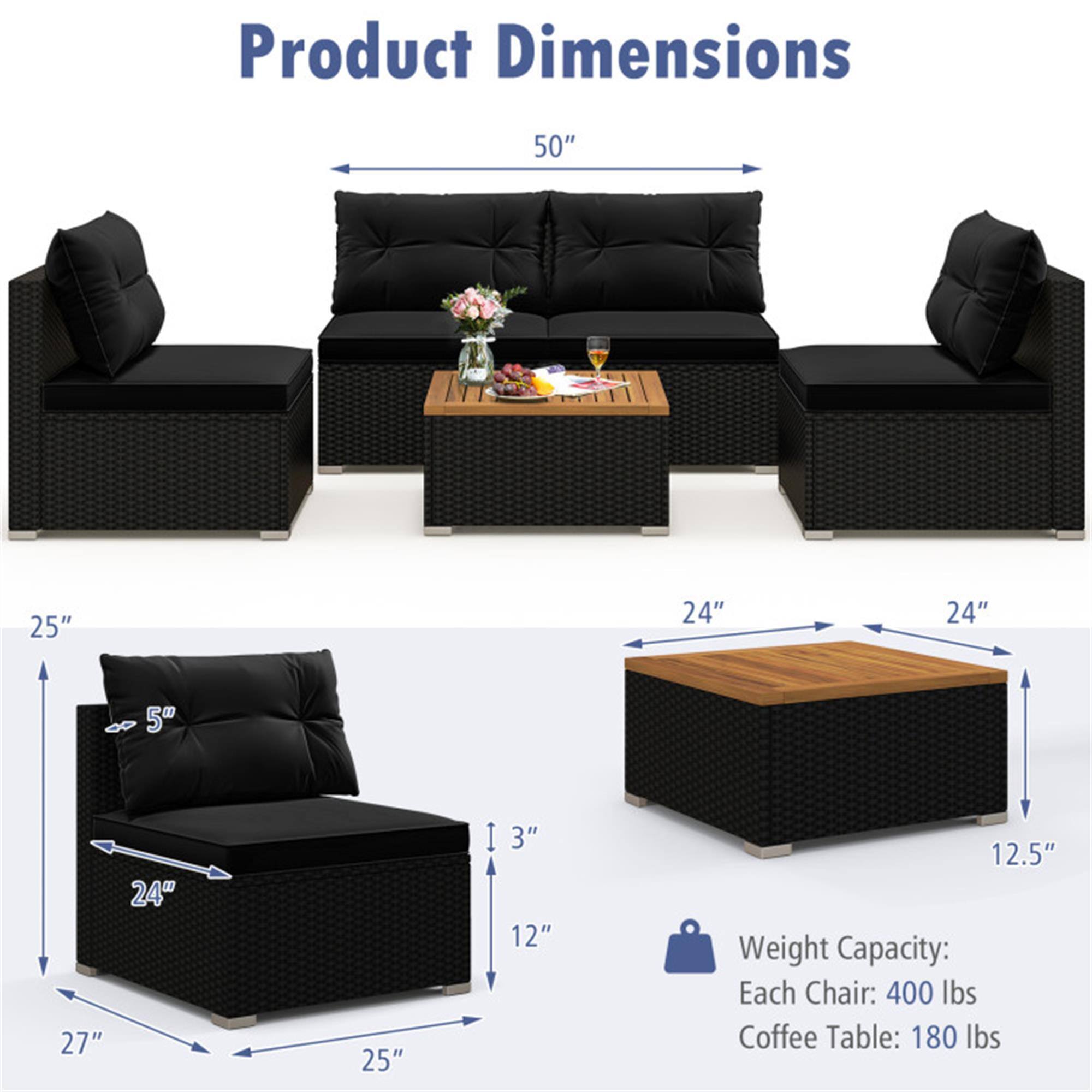 Product Dimensions

- Sofa: 50" (width) x 25" (height) x 24" (depth)
- Armchair: 27" (width) x 25" (height) x 24" (depth)
- Coffee Table: 24" (width) x 24" (depth) x 12.5" (height)

Weight Capacity:
- Each Chair: 400 lbs
- Coffee Table: 180 lbs