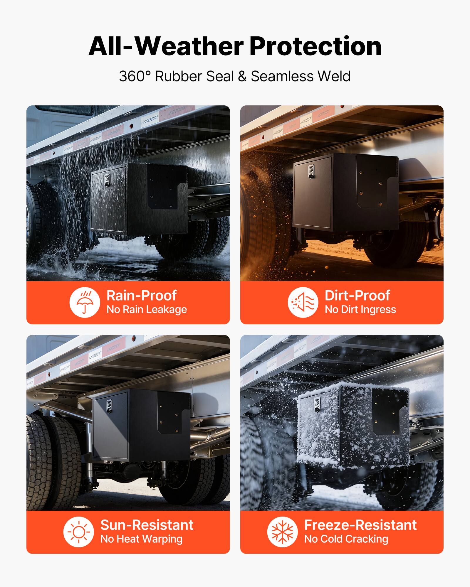 All-Weather Protection  
360° Rubber Seal & Seamless Weld  

- Rain-Proof  
  No Rain Leakage  

- Dirt-Proof  
  No Dirt Ingress  

- Sun-Resistant  
  No Heat Warping  

- Freeze-Resistant  
  No Cold Cracking