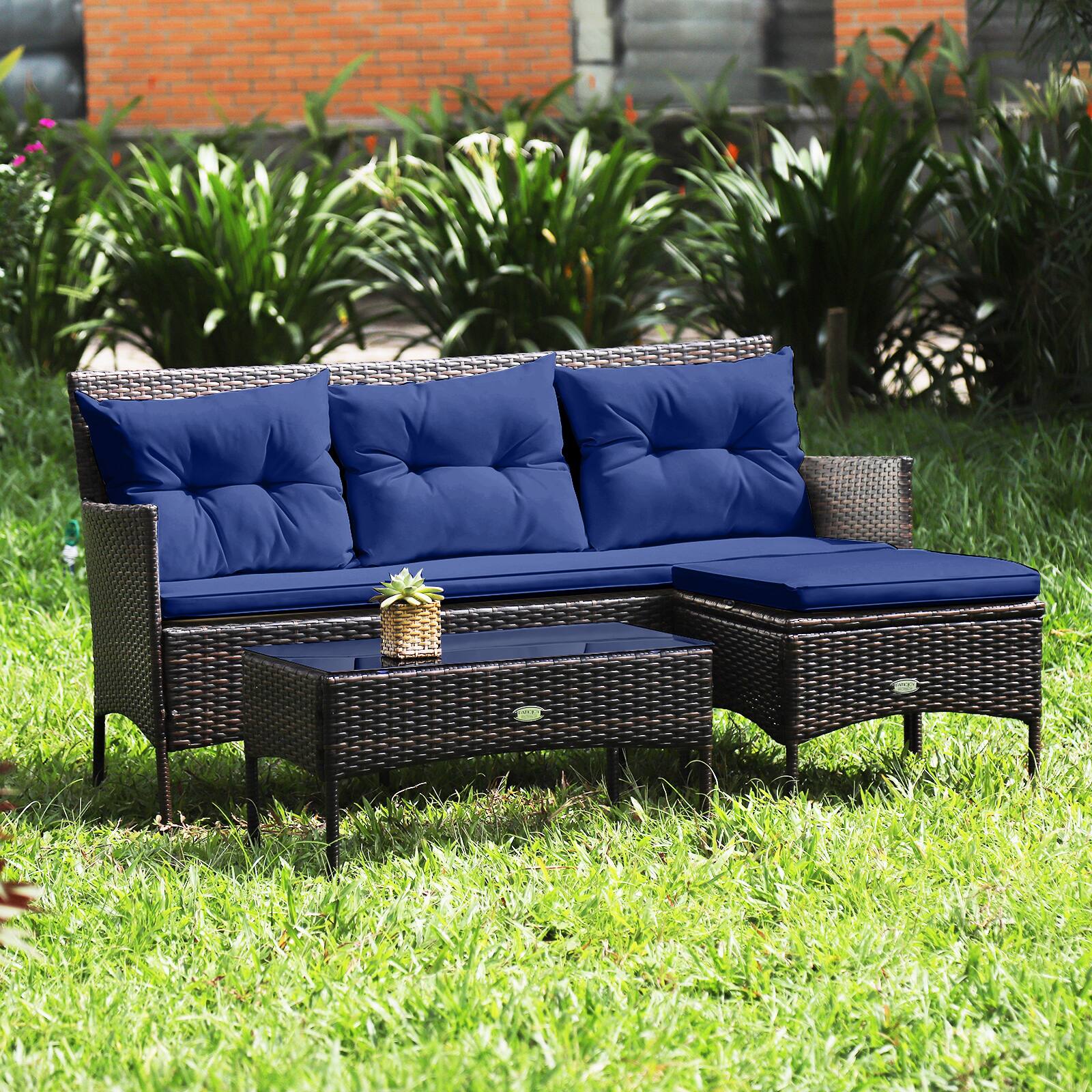 Alt View 1. Gymax - Gymax Set of 3 3-Seat Sofa Cushioned Table Rattan Furniture Set Garden Patio Navy - Navy.