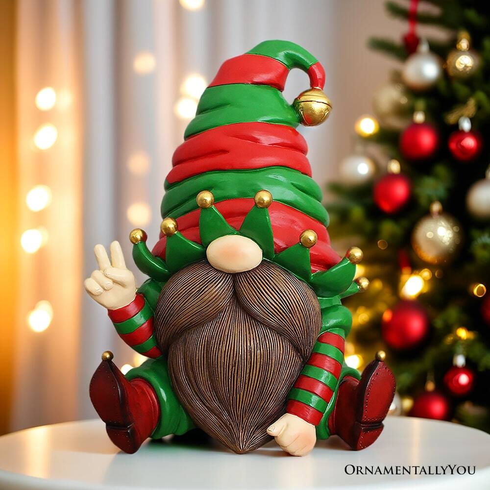 Back. OrnamentallyYou - Cheerful Elf Gnome Festive Figurine, 8" Christmas Garden Statue - Green.