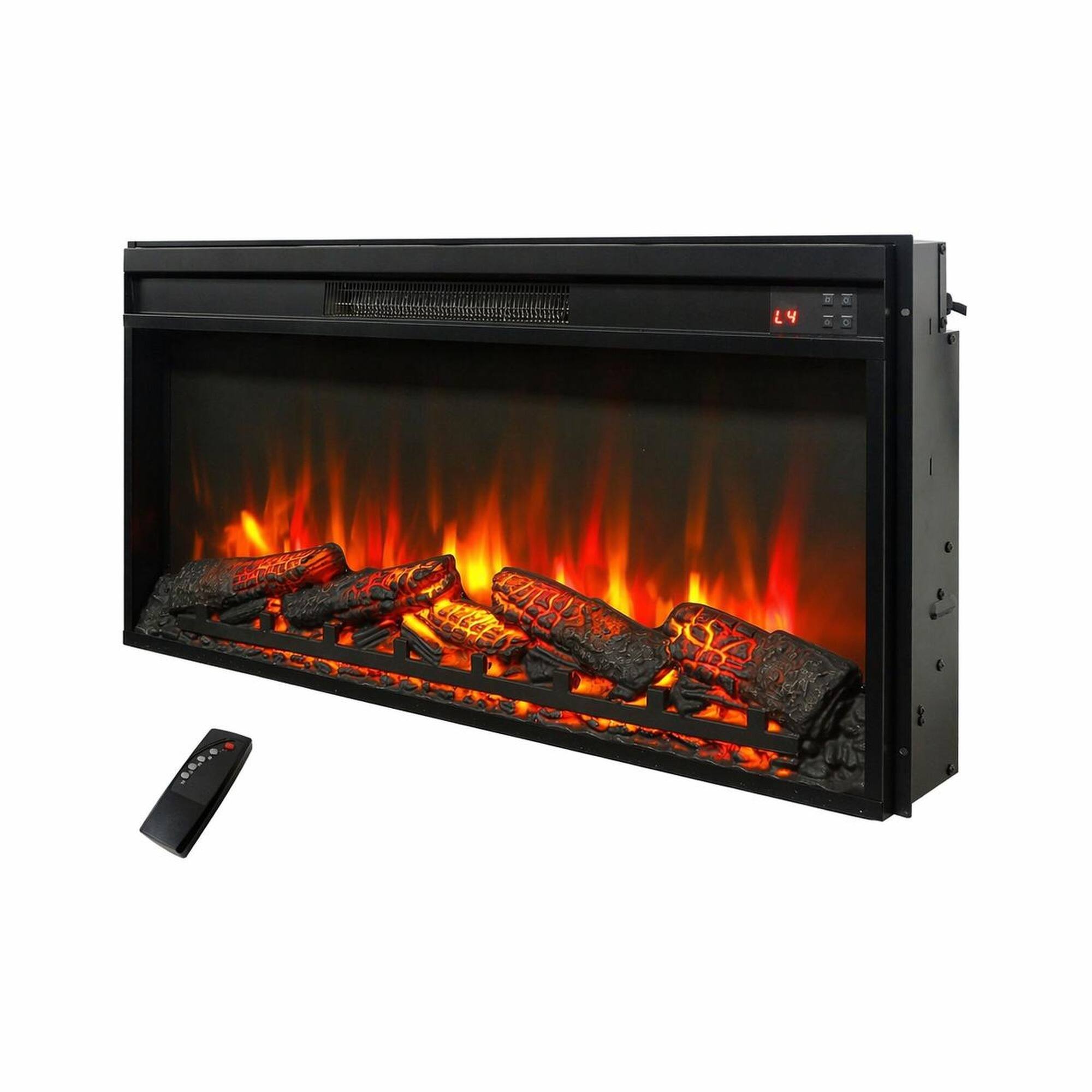 Front. RYHNUYNE - 36" Electric Fireplace Insert – Ultra Thin Heater with Log Set, Realistic Flame, Remote Control & Timer - Antique Black.
