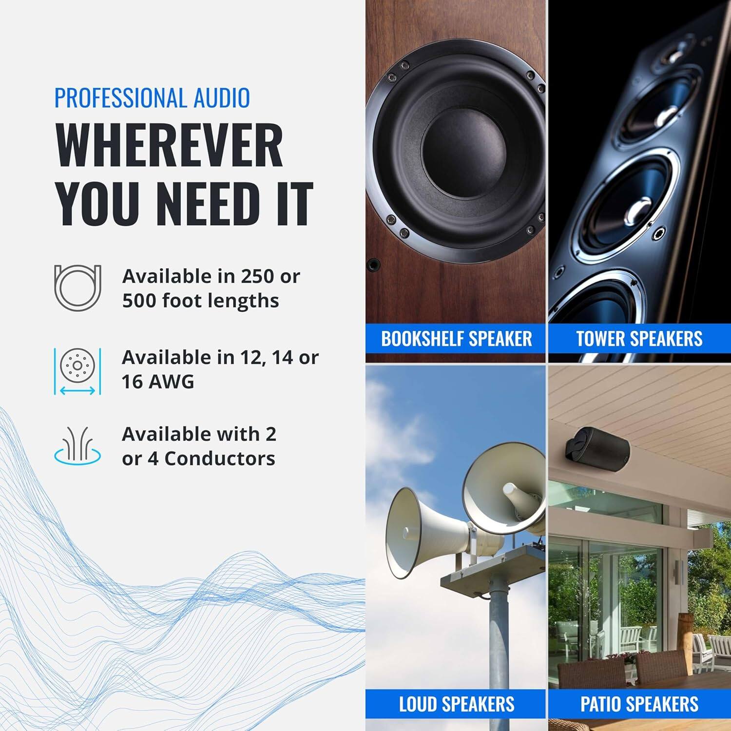 PROFESSIONAL AUDIO  
WHEREVER YOU NEED IT  

Available in 250 or 500 foot lengths  

Available in 12, 14 or 16 AWG  

Available with 2 or 4 Conductors  

BOOKSHELF SPEAKER  
TOWER SPEAKERS  

LOUD SPEAKERS  
PATIO SPEAKERS