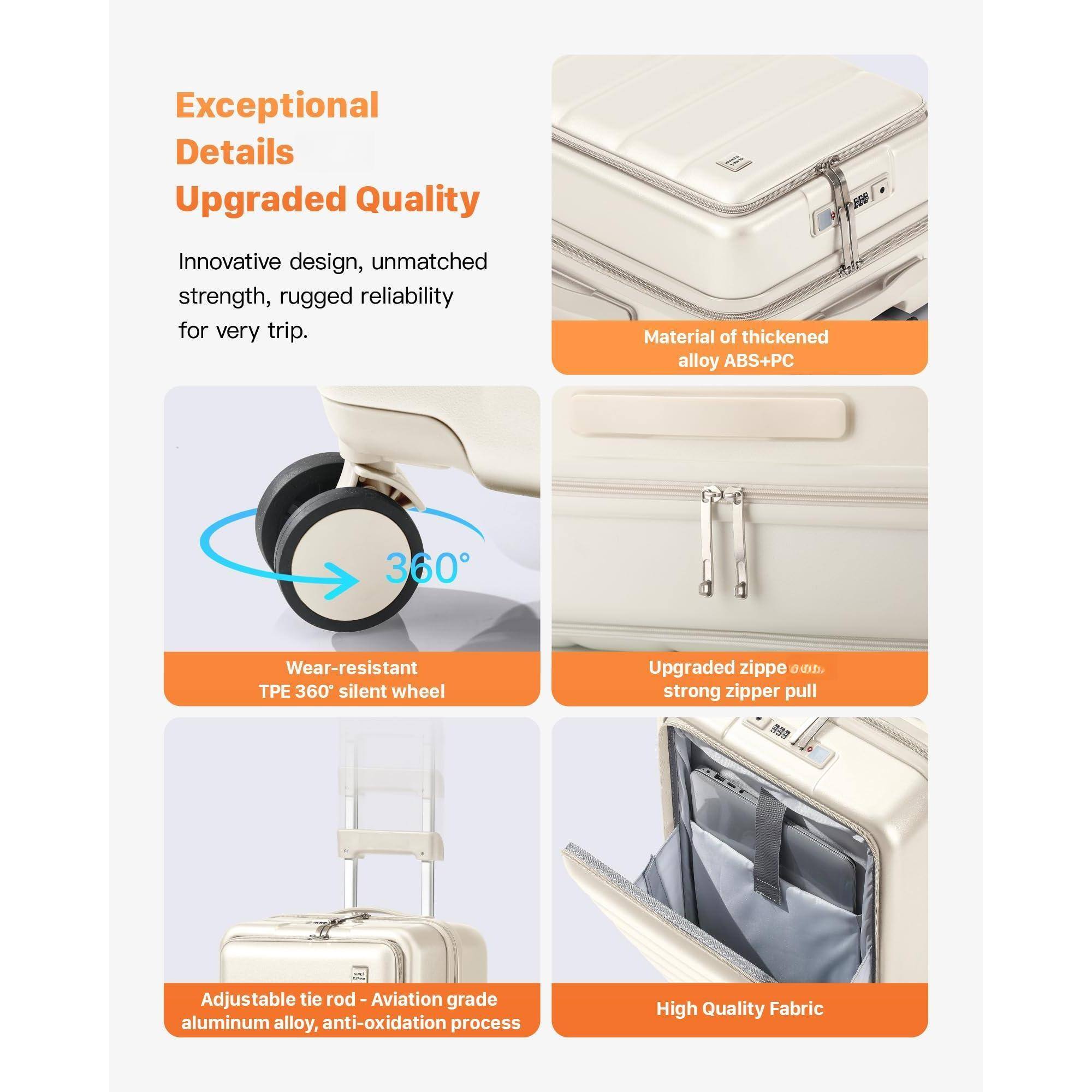 Exceptional Details  
Upgraded Quality  

Innovative design, unmatched strength, rugged reliability for very trip.  

Material of thickened alloy ABS+PC  

Wear-resistant TPE 360° silent wheel  

Upgraded zipper strong zipper pull  

Adjustable tie rod - Aviation grade aluminum alloy, anti-oxidation process  

High Quality Fabric