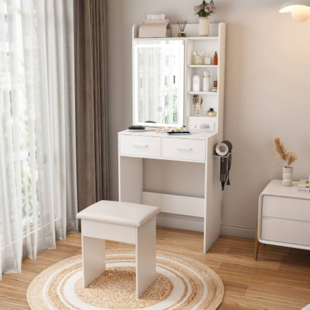 Alt View 2. LUCKY ONE - 31.5in Freestanding Vanity Desk with Mirror LED Lights Power Outlet Hidden Storage Stool Shelf - White.