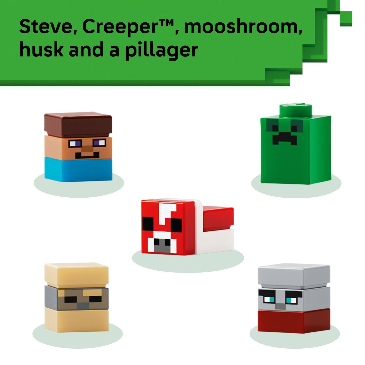 Steve, Creeper™, mooshroom, husk and a pillager