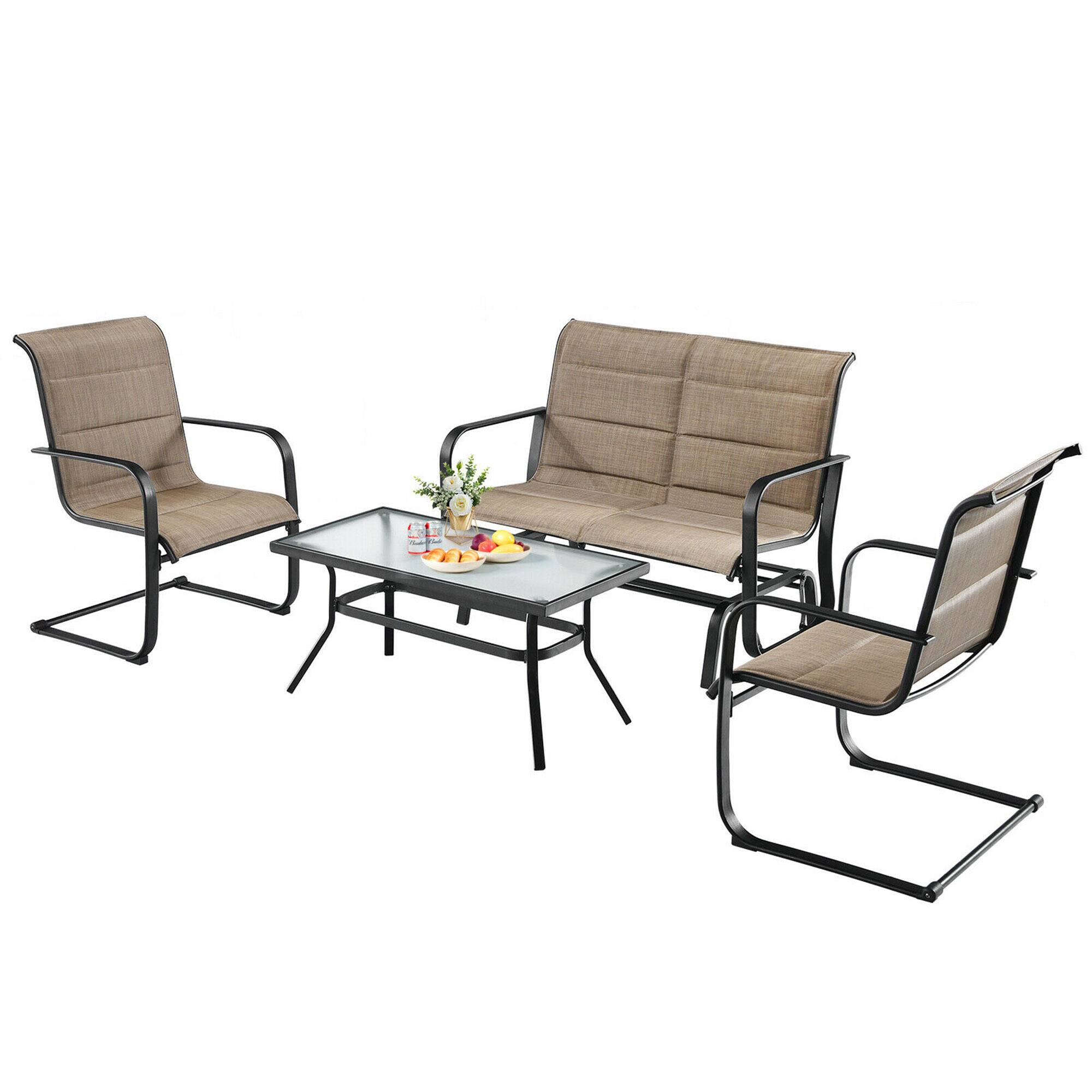 Alt View 5. Gymax - Gymax 4PCS Patio Conversation Set Cotton Padded Furniture Set w/ Swing Glider Loveseat - Brown and Black.