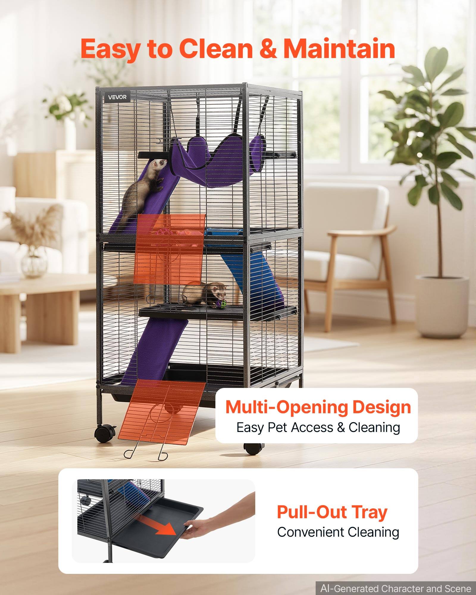 Easy to Clean & Maintain

VEVOR

Multi-Opening Design
Easy Pet Access & Cleaning

Pull-Out Tray
Convenient Cleaning

AI-Generated Character and Scene