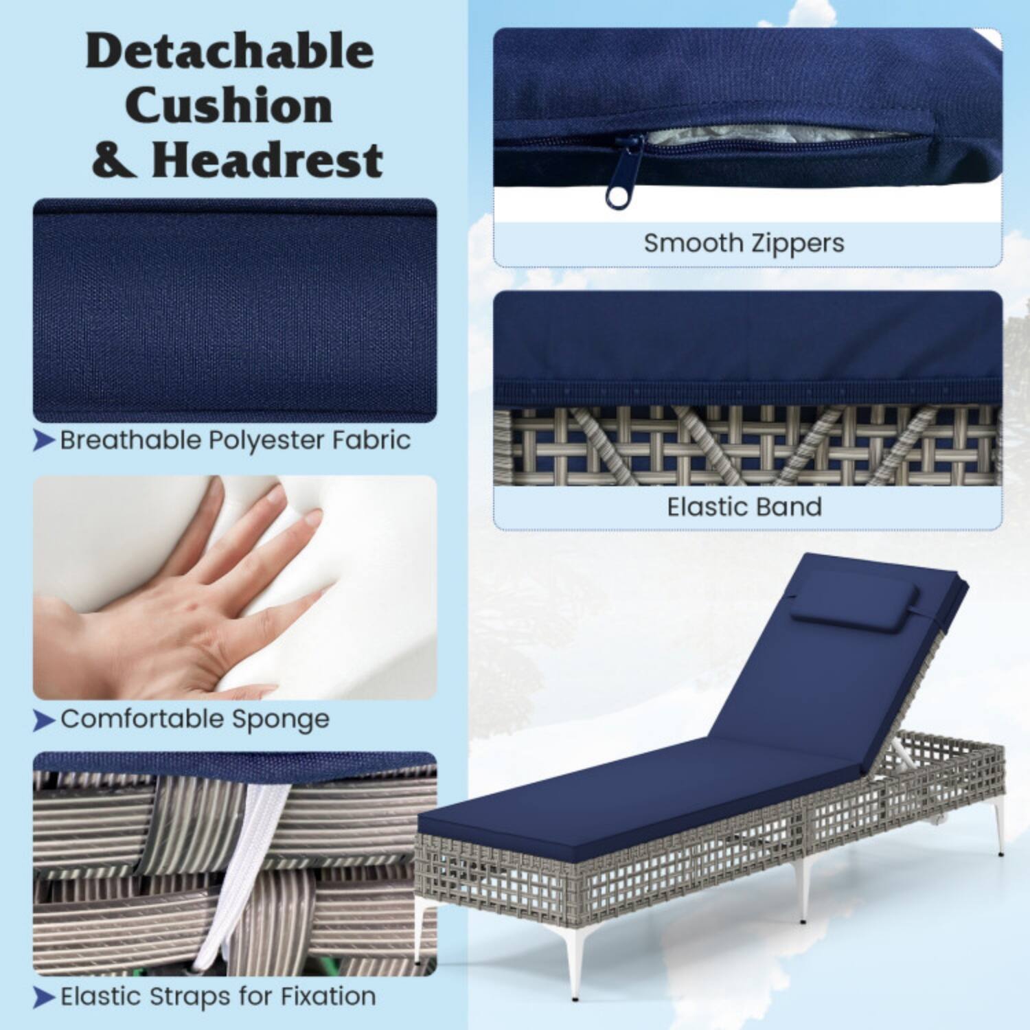 Detachable Cushion & Headrest  
- Breathable Polyester Fabric  
- Smooth Zippers  
- Elastic Band  
- Comfortable Sponge  
- Elastic Straps for Fixation