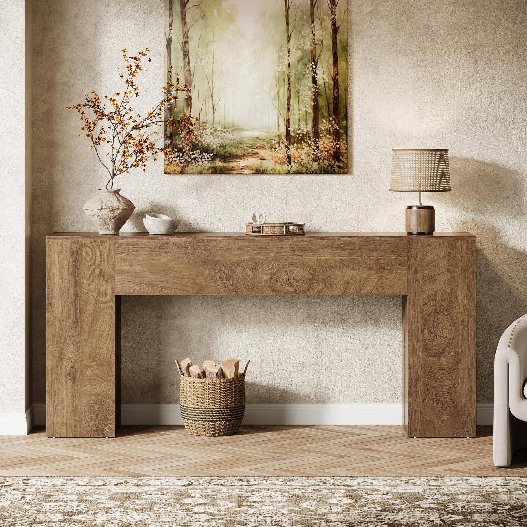 Back. Tribesigns - 71-Inch Long Console Table for Entryway, Farmhouse Sofa Console Behind Couch, Entry Table for Hallway, Foyer, Living Roo - Oak.