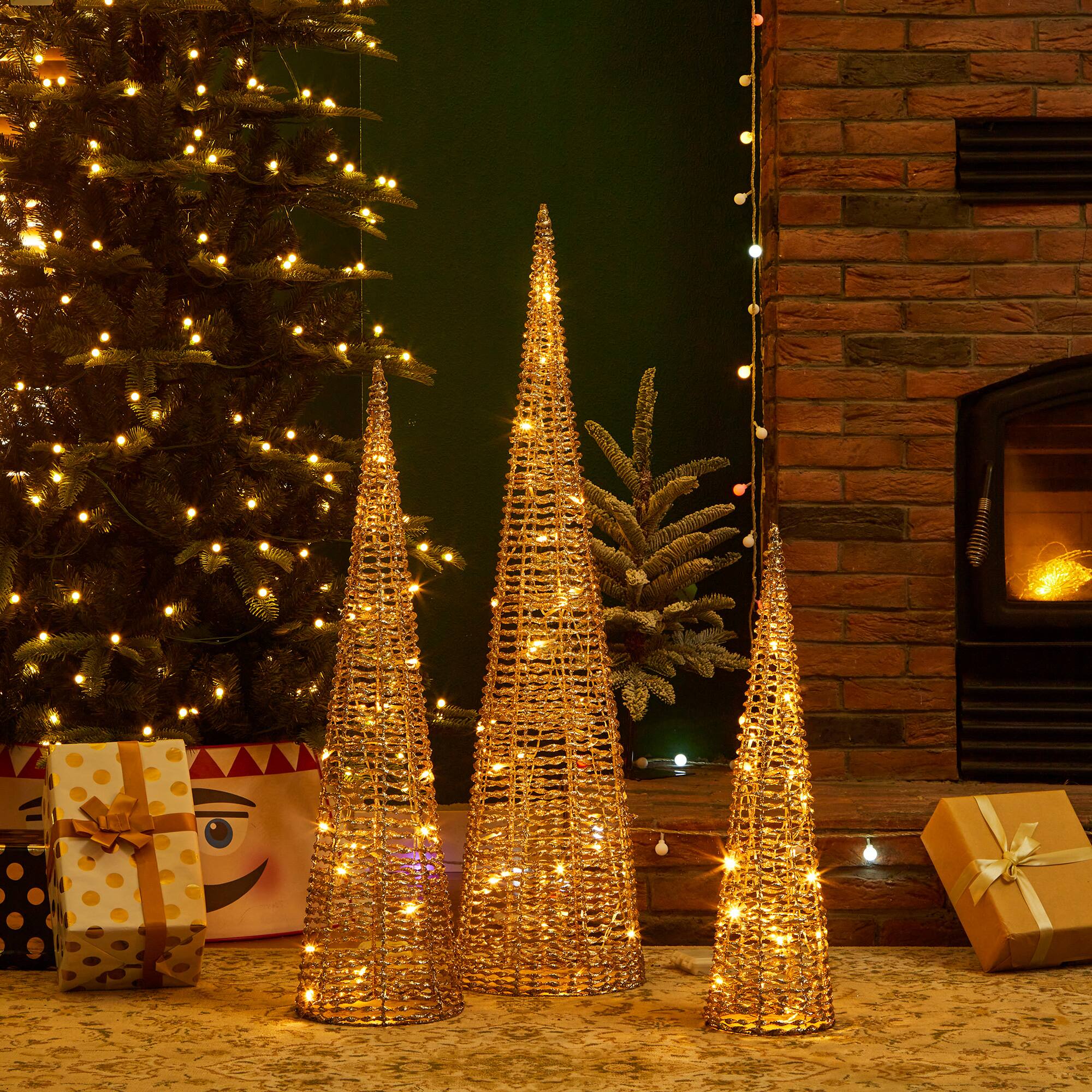 Front. Glitzhome - Set of 3 Lighted Christmas Plastic Cone Tree with 65 LED Lights - Gold.