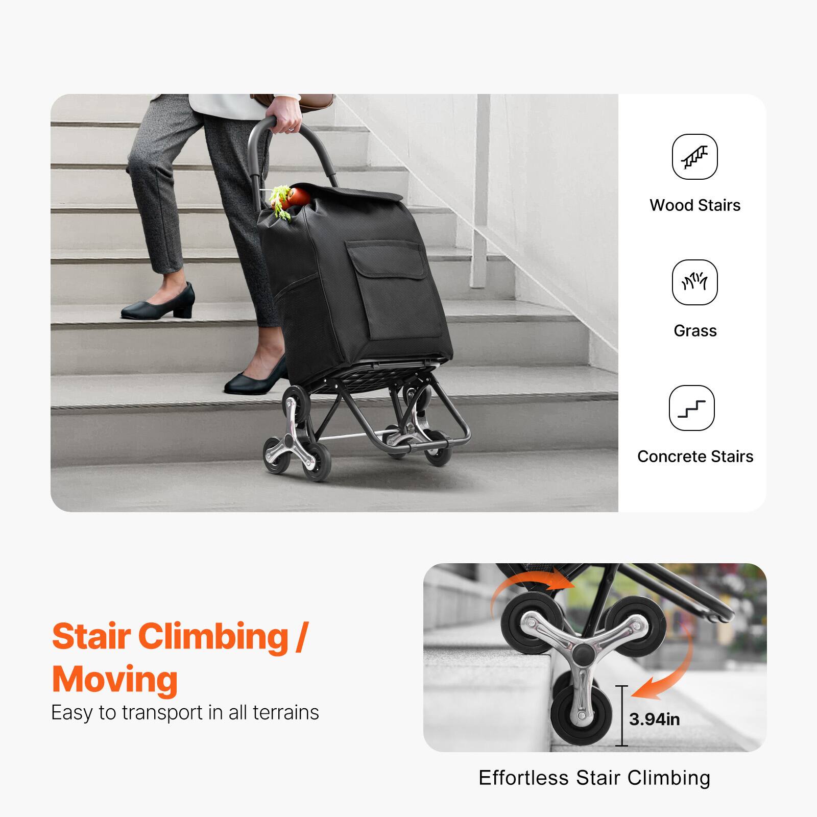 Wood Stairs  
Grass  
Concrete Stairs  

Stair Climbing / Moving  
Easy to transport in all terrains  

Effortless Stair Climbing  
3.94in